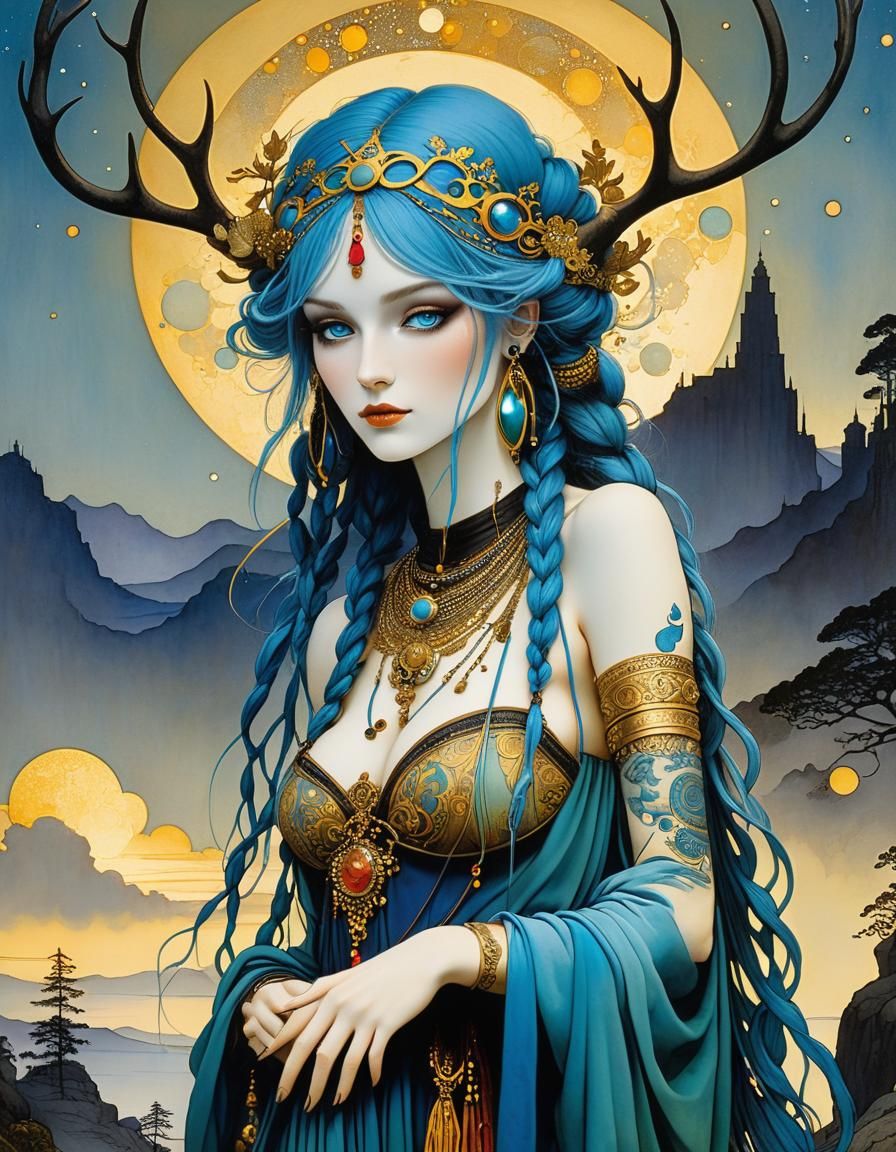 Golden Blue Girl with Stag Antlers in Comic Style