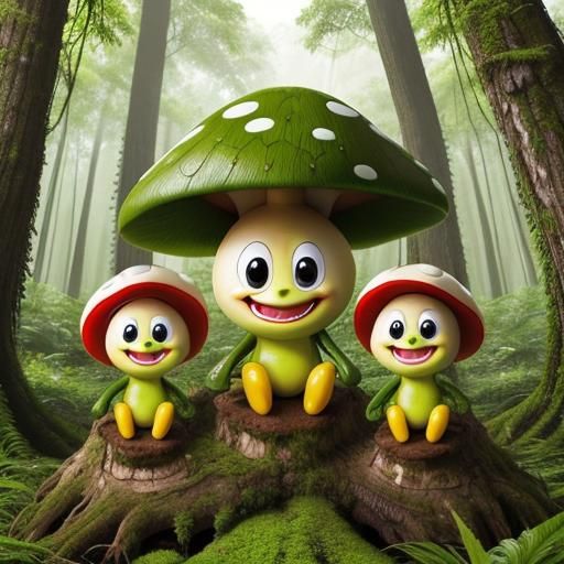 Anthropomorphic Mushrooms in Lush Forest: Macro Photography