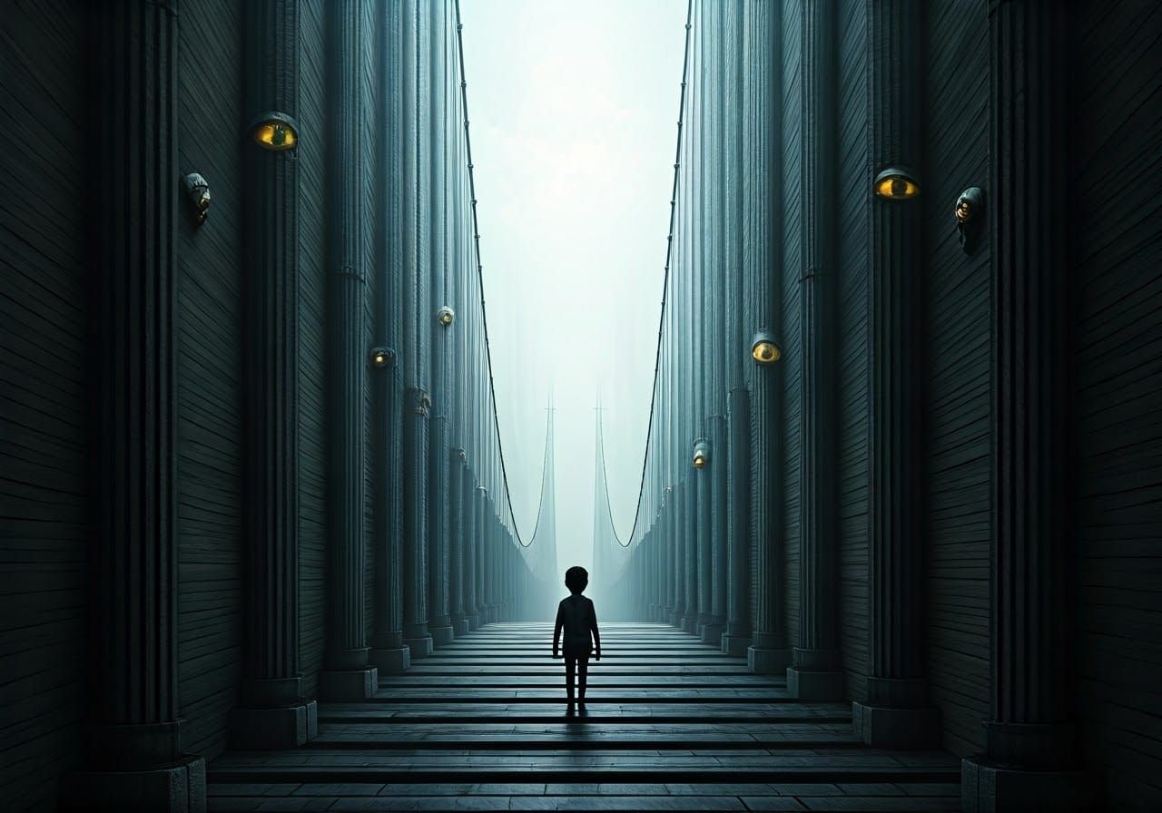 Infinite Bridge Suspended Between Towering Cliffs, with a Si...