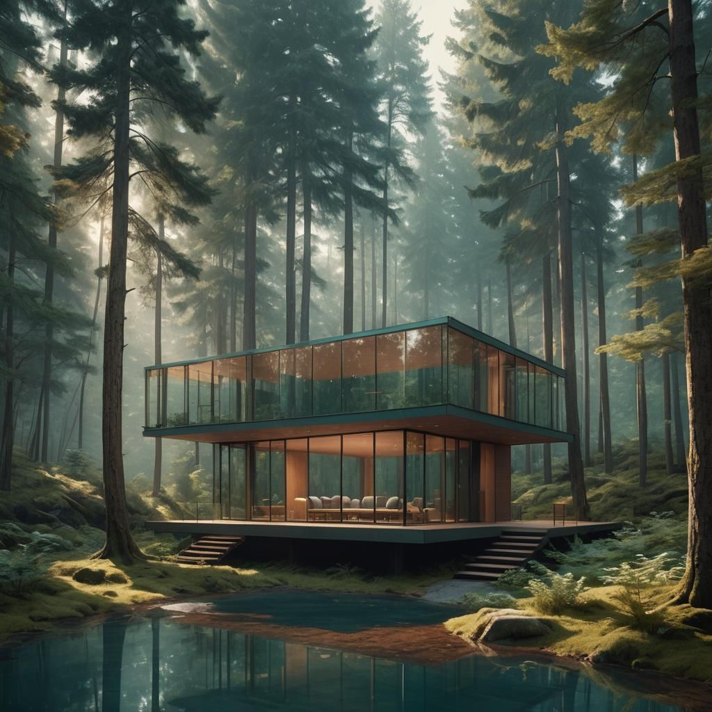 Modern Cabin in Forest: Digital Matte Painting