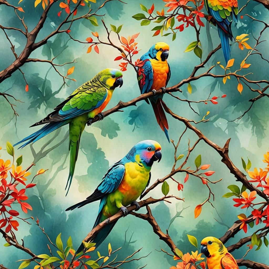 Colorful Parakeet on Flame Tree Branch in Watercolor