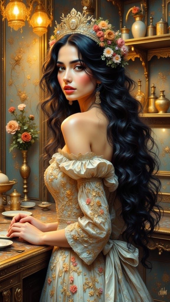 Art Nouveau Chef Crowned with Roses in Ethereal Light