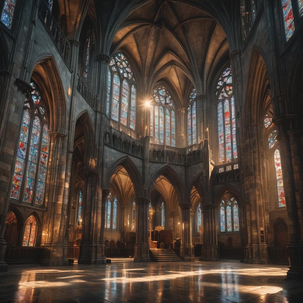 Gothic: A dark, moody cathedral interior, with towering arches and stained glass windows casting eerie light across shad...