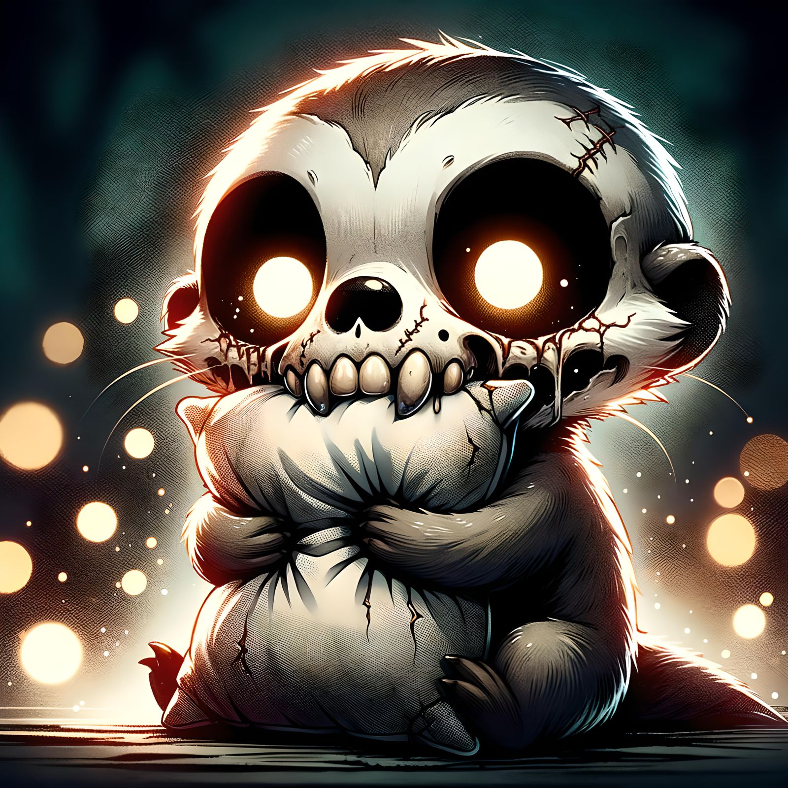 Spooky Cute Undead Otter with Pillow, Watercolor Style