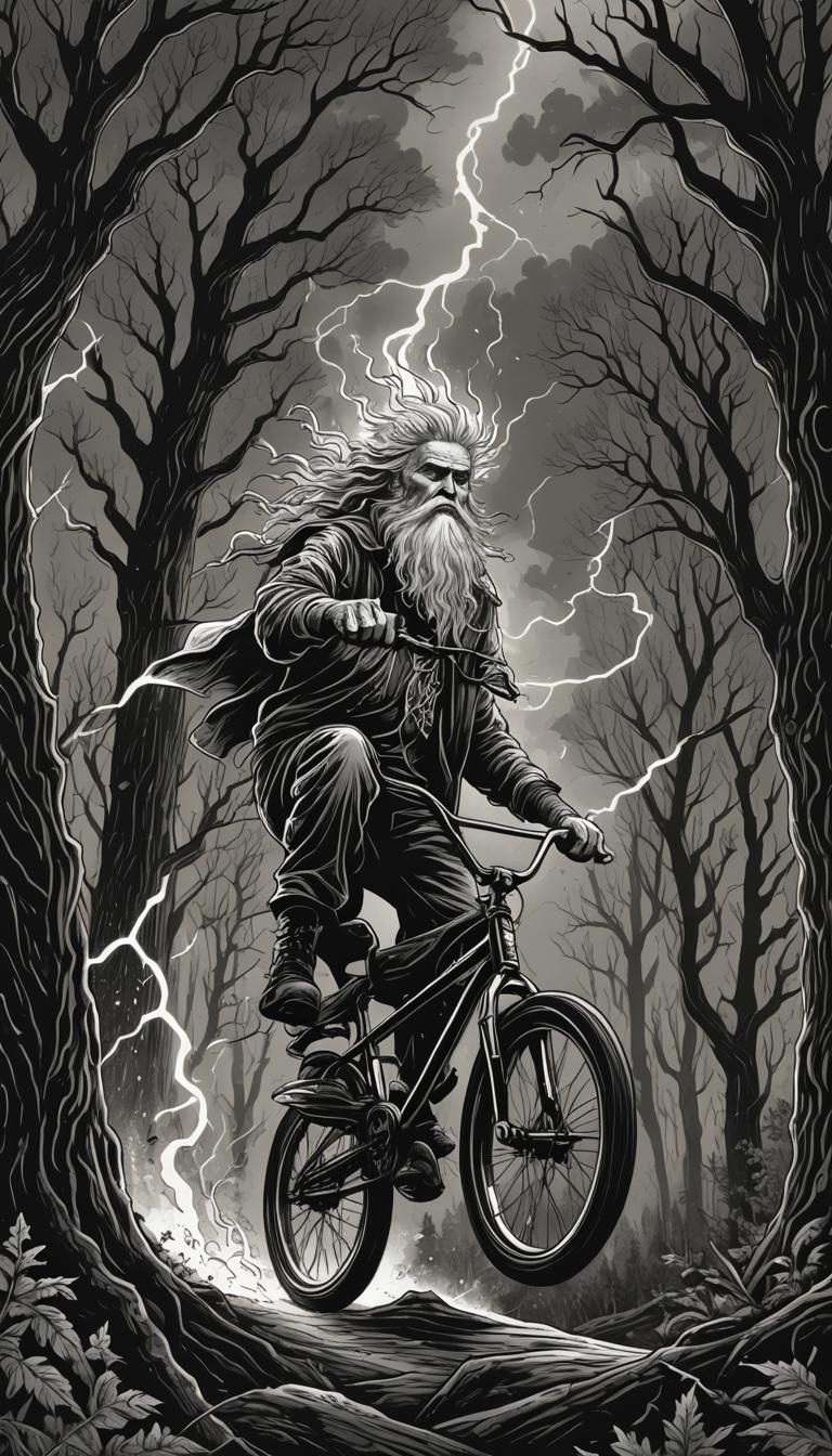 Wizard on BMX Bike: Woodcut Illustration