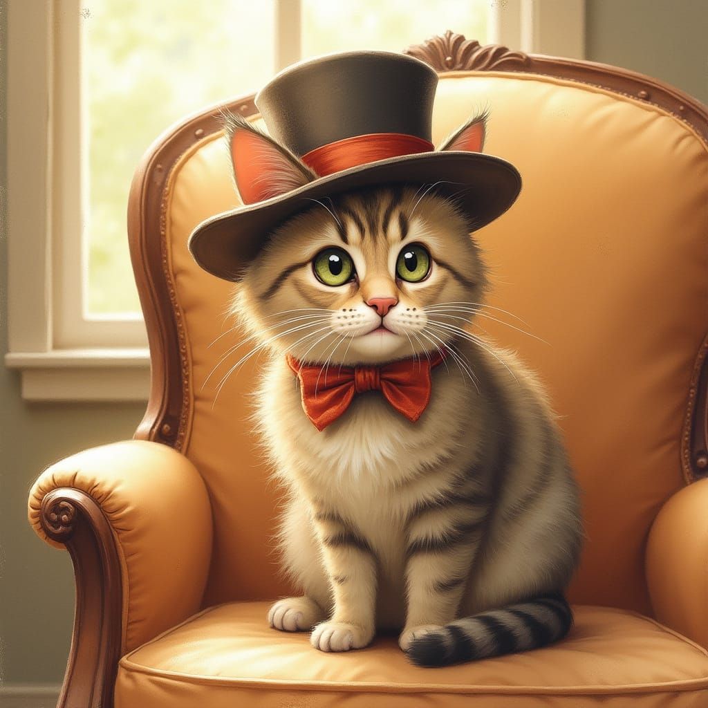 Whimsical Cat in Hat, Watercolor Illustration