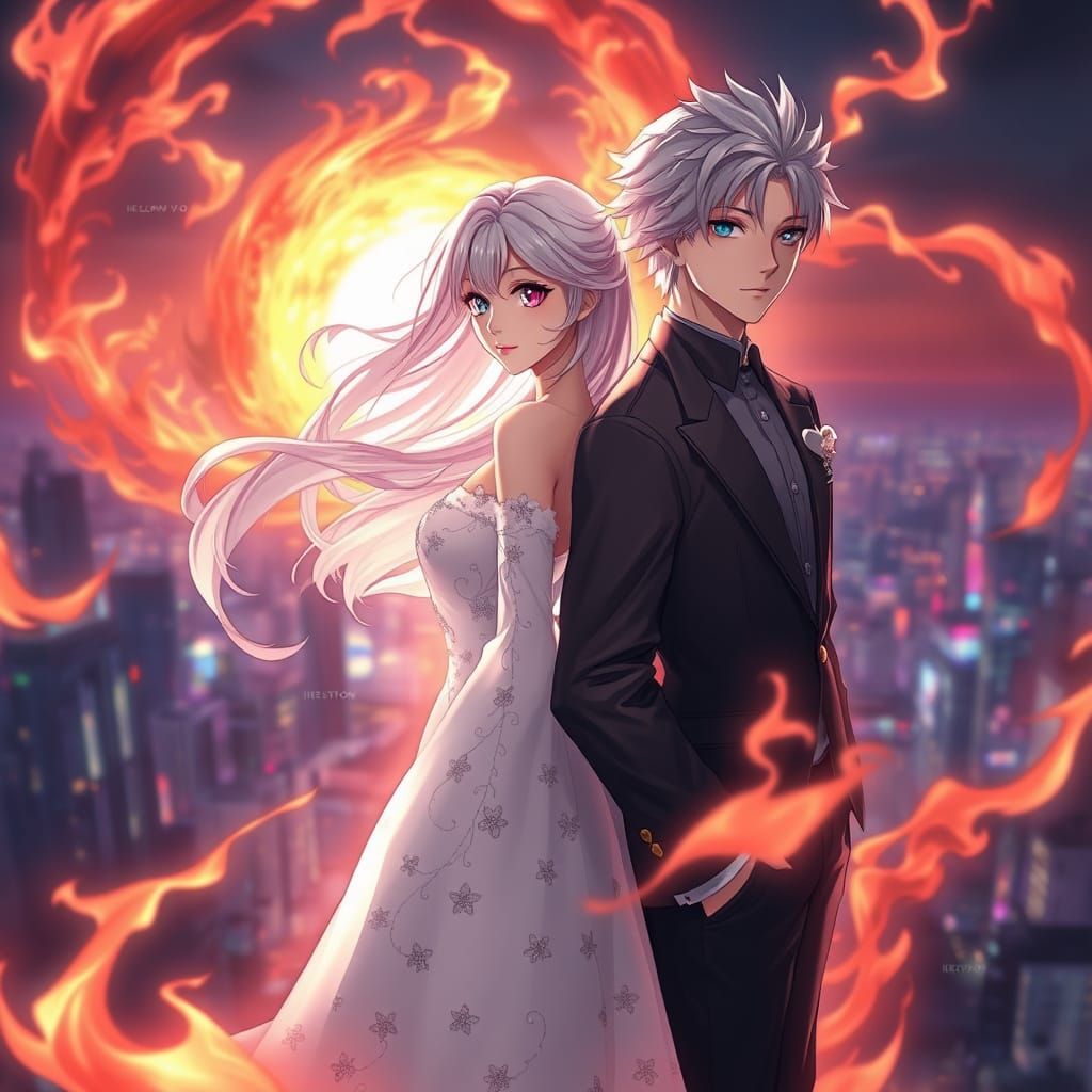 Anime-Inspired Couple Amidst Cherry Blossom Flames