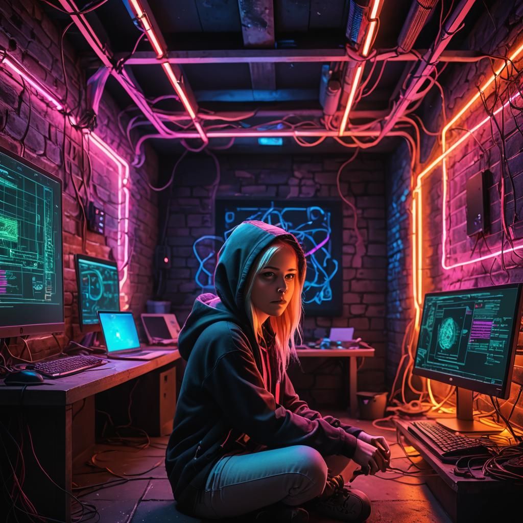 Hooded Hacker Girl in Neon Cyberpunk Cellar