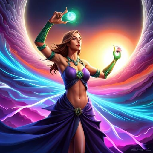 Female Mage Casting Spell with Fractal Magic