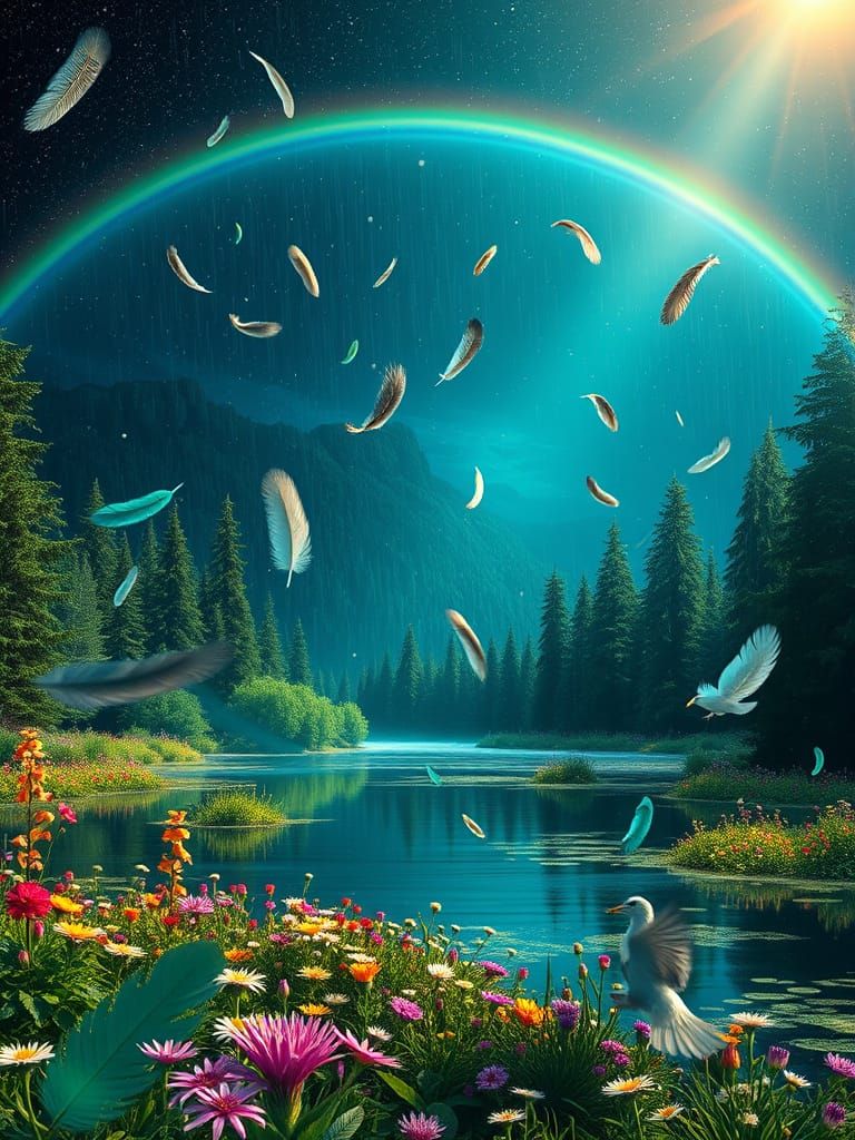 Rainbow and Featherfall over Sapphire Lake