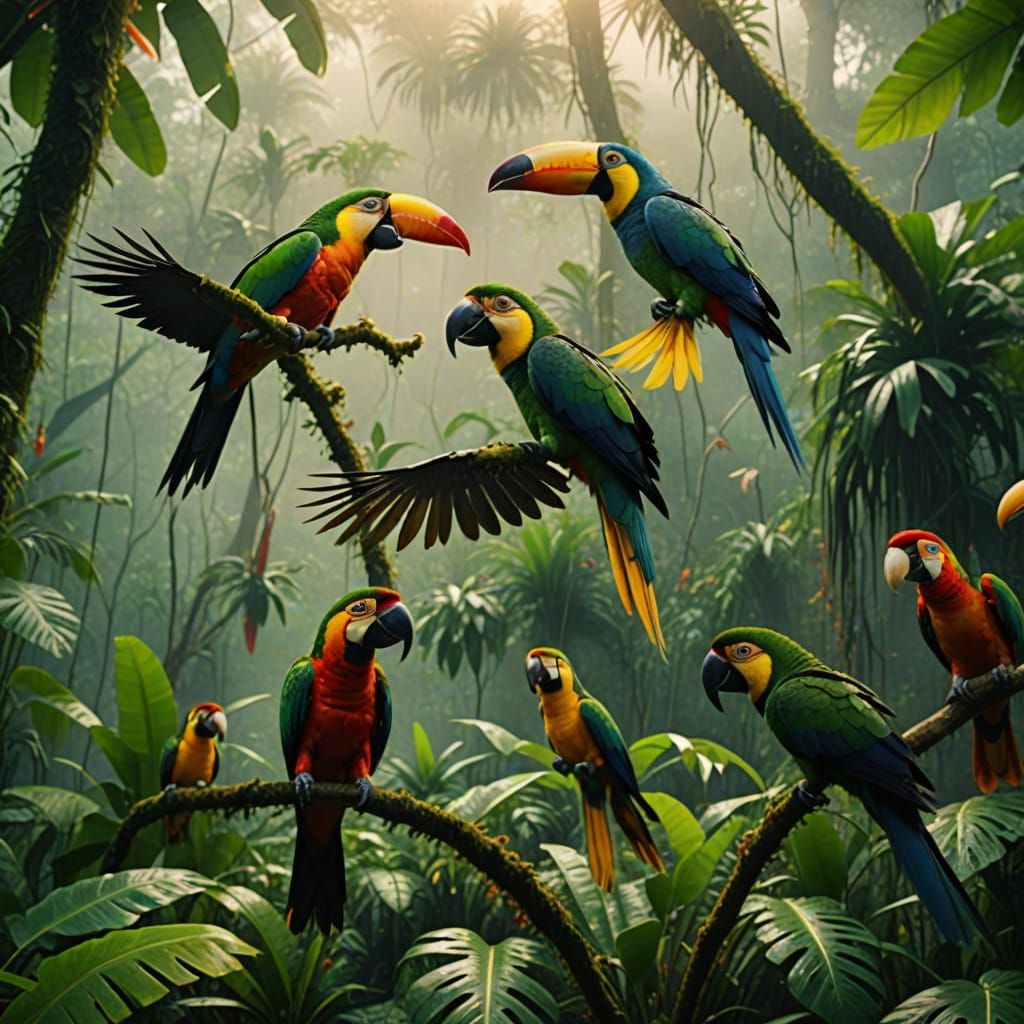 Tropical Birds in Misty Rainforest: Photorealistic Film Stil...