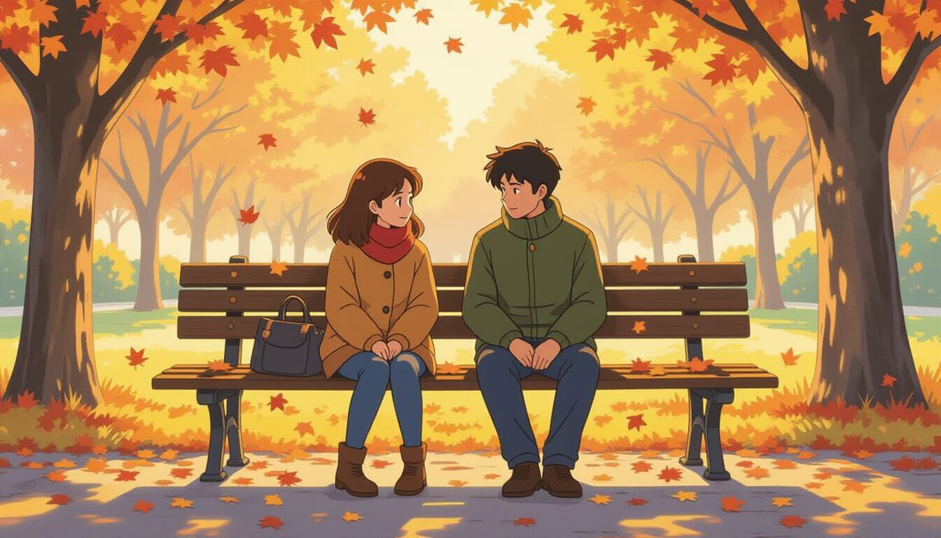 Autumnal Park Scene with Figures in Ghibli Style