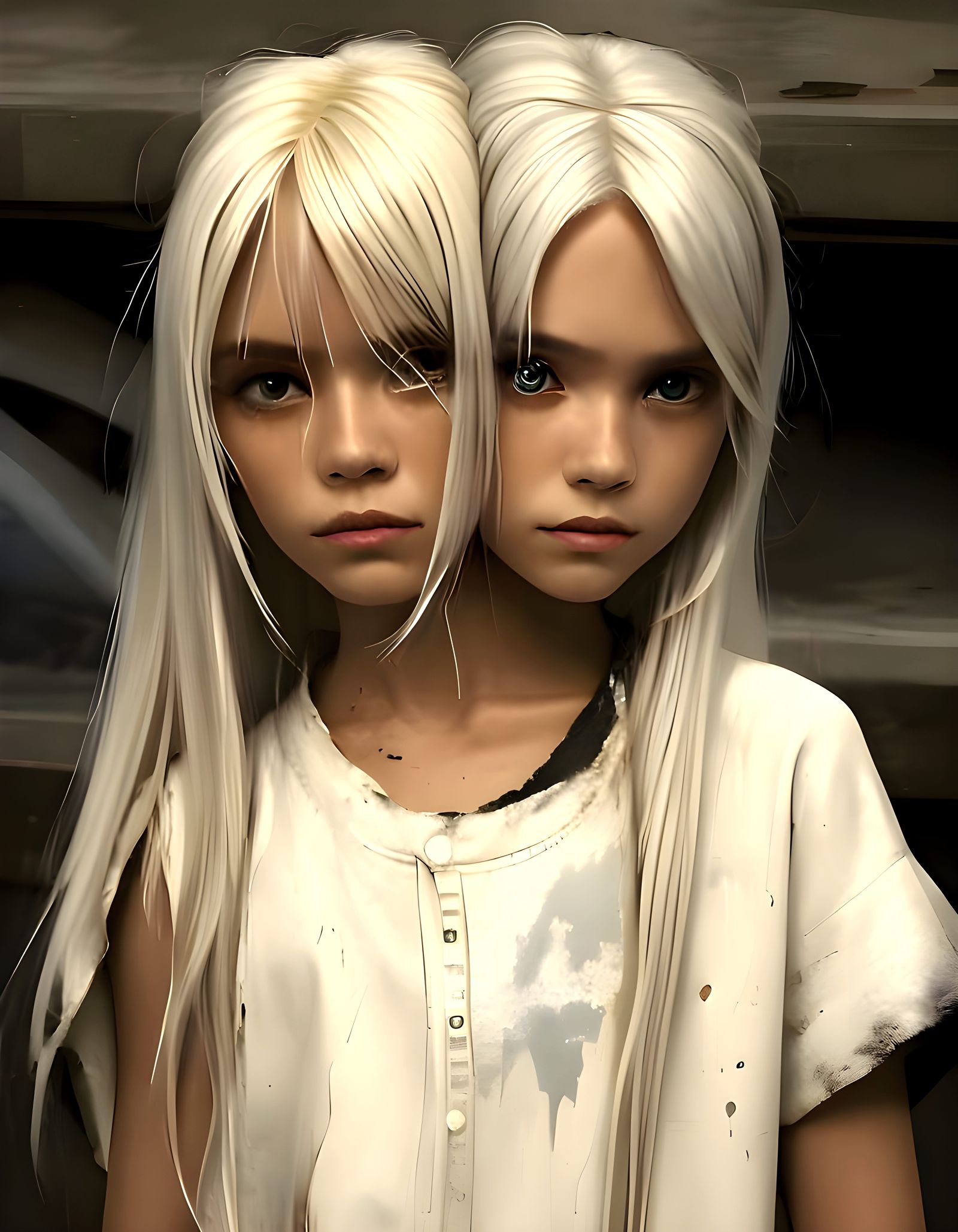 Cyberpunk-Inspired Double-Girl in Tattered Tunic