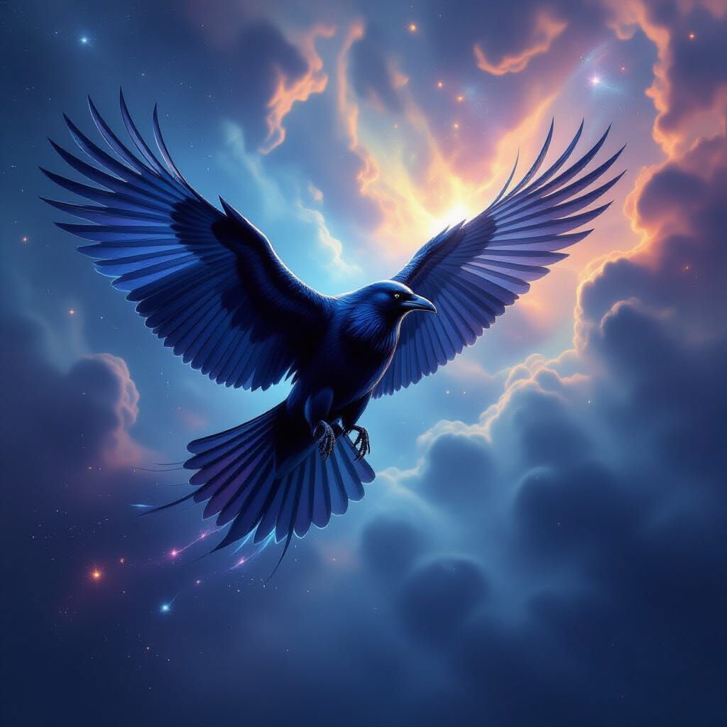 Ethereal Raven Soaring Through Cosmic Skies