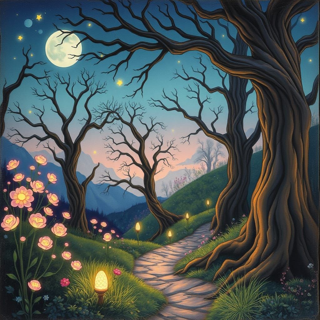 Twilight Fantasy Forest with Bioluminescent Flora as Impasto