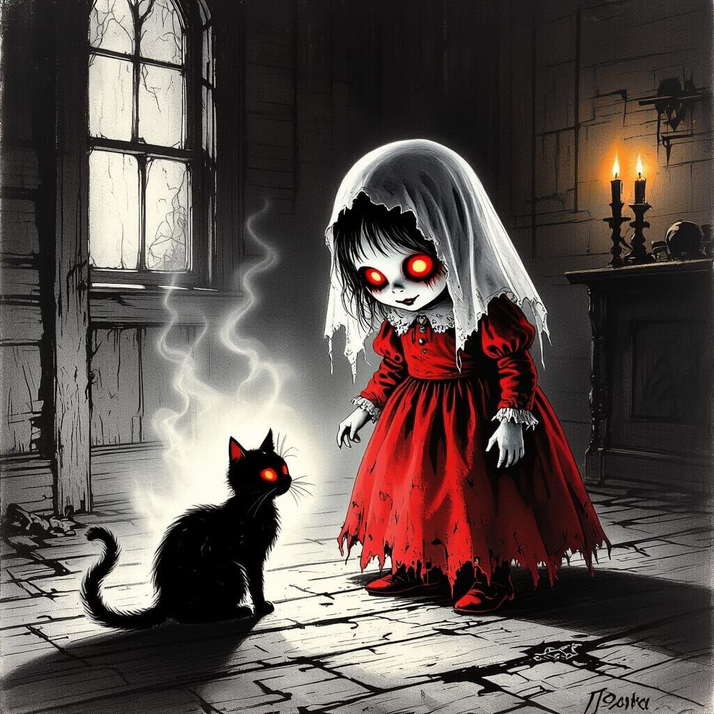 Ghost Girl and Ethereal Cat in Haunted House