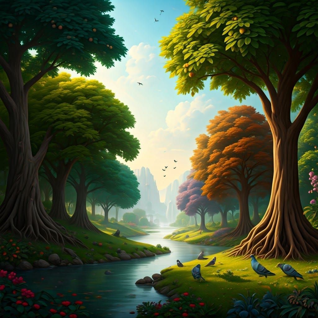 Lush Garden of Eden Paradise with Rivers