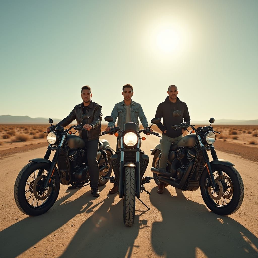 Motorcycle Trio in Desert Town: Dystopian Future