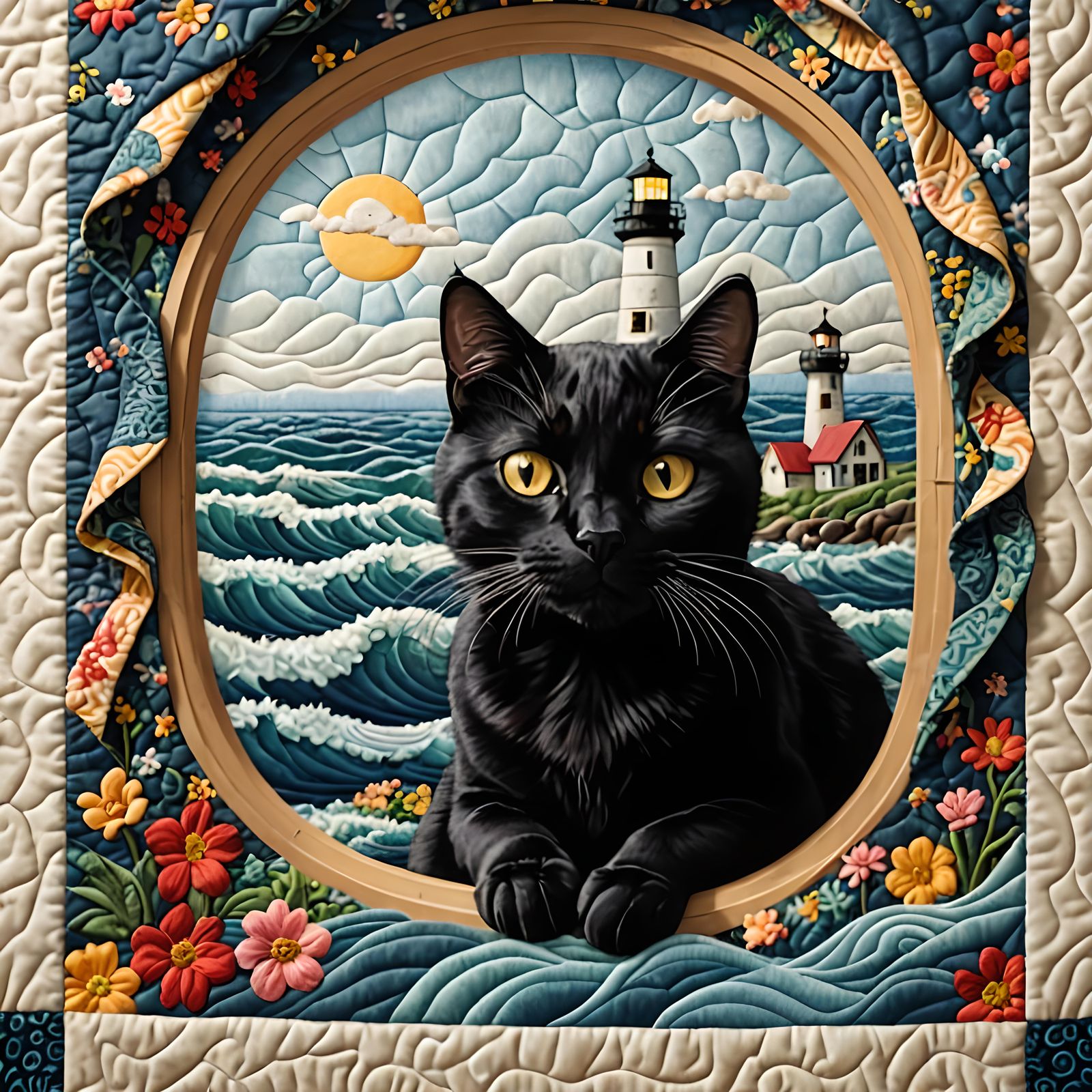 Quilted Black Cat Gazing at Stormy Lighthouse