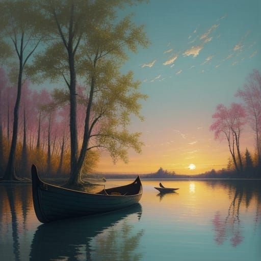 Abandoned Canoe on Pastel Sunset Lake Oil Painting
