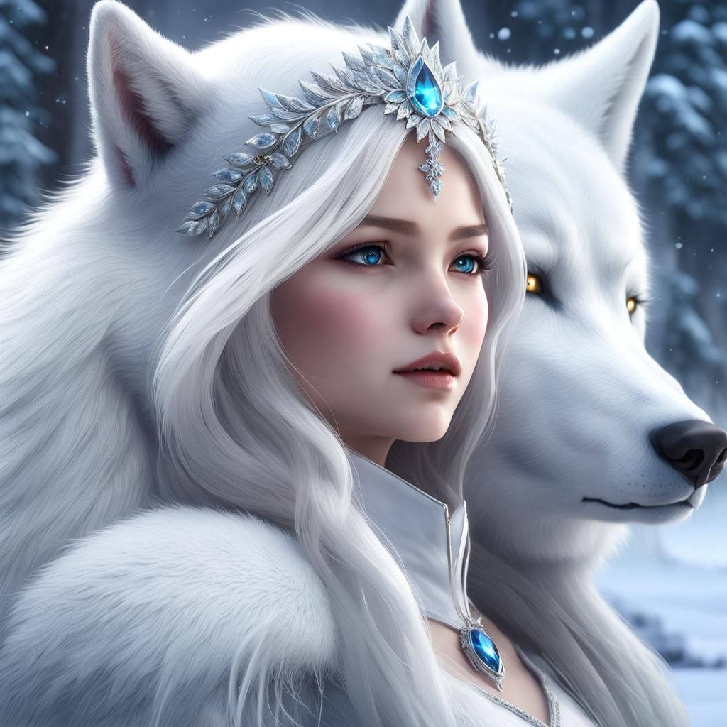 White Snow Queen and Wolf in 3D Anime Art