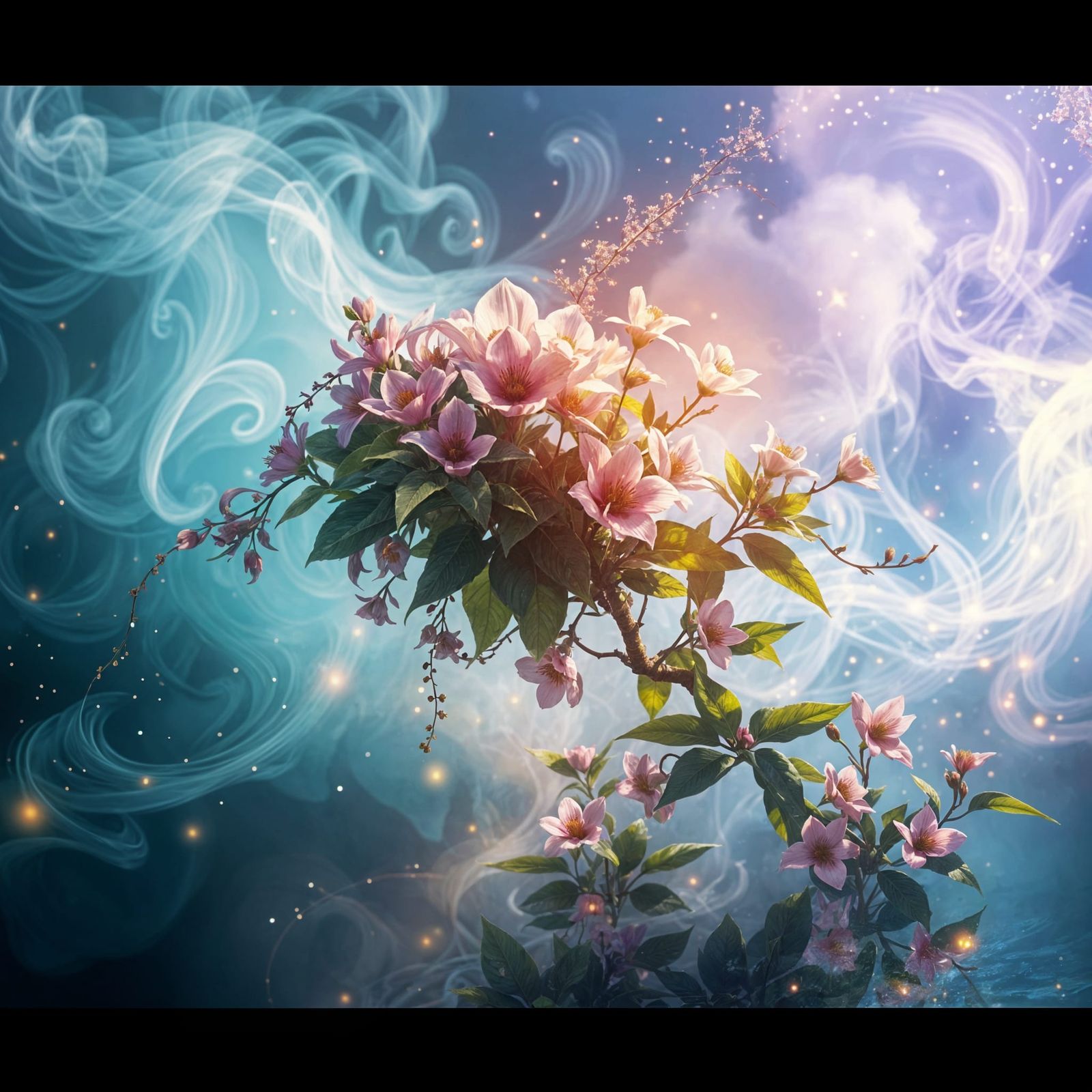 Ethereal Fantasy Art: Swirling Mist and Lush Plant