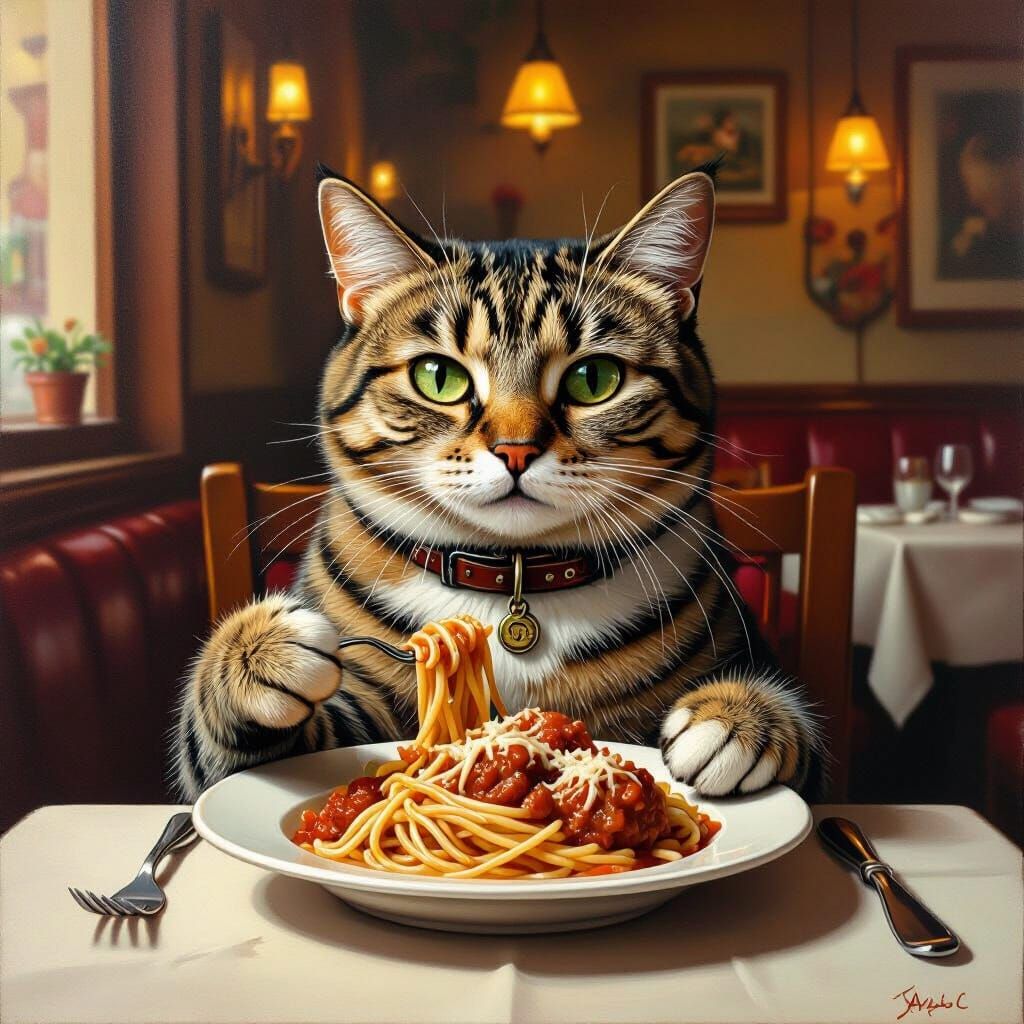 Cat Eats Spaghetti in Photorealistic Style