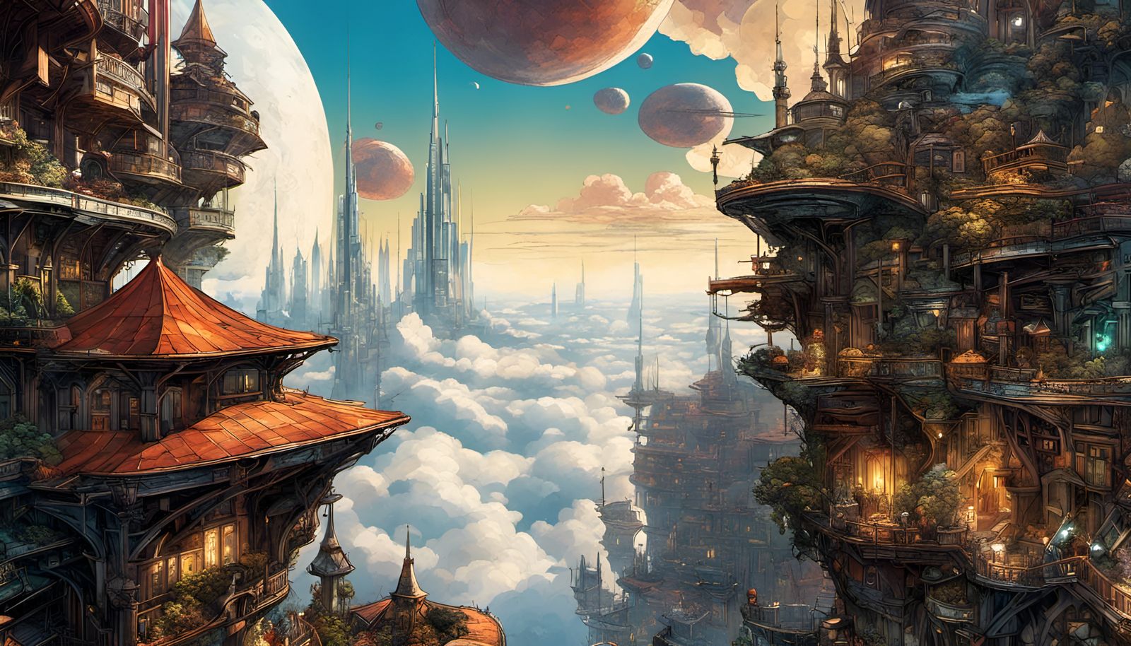 Magical Sci-Fi Cityscape Above Clouds