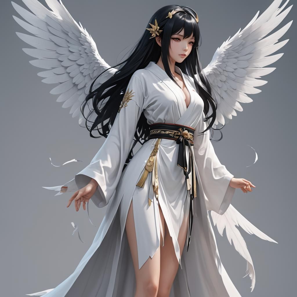 Anime Angel with Black Hair and White Wings