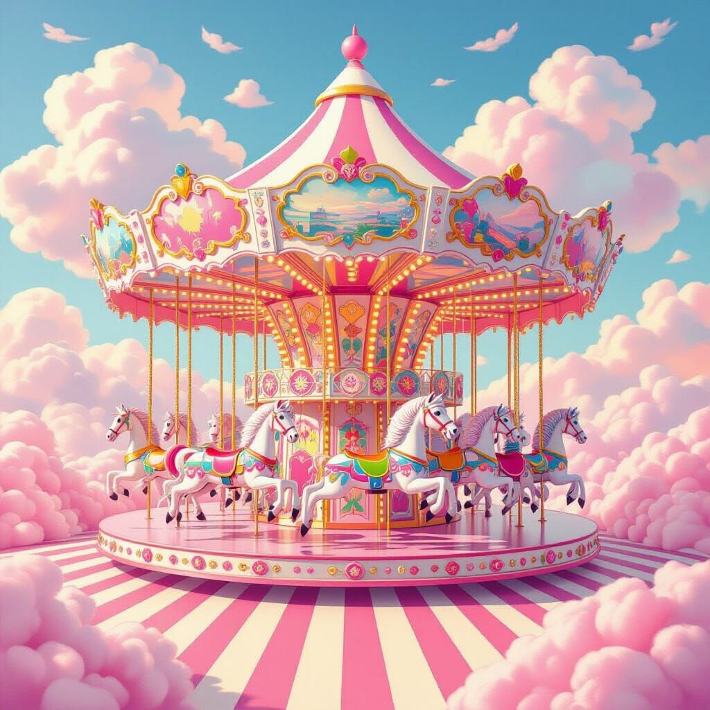 Vibrant Candyland Carousel Under Cotton Candy Clouds
