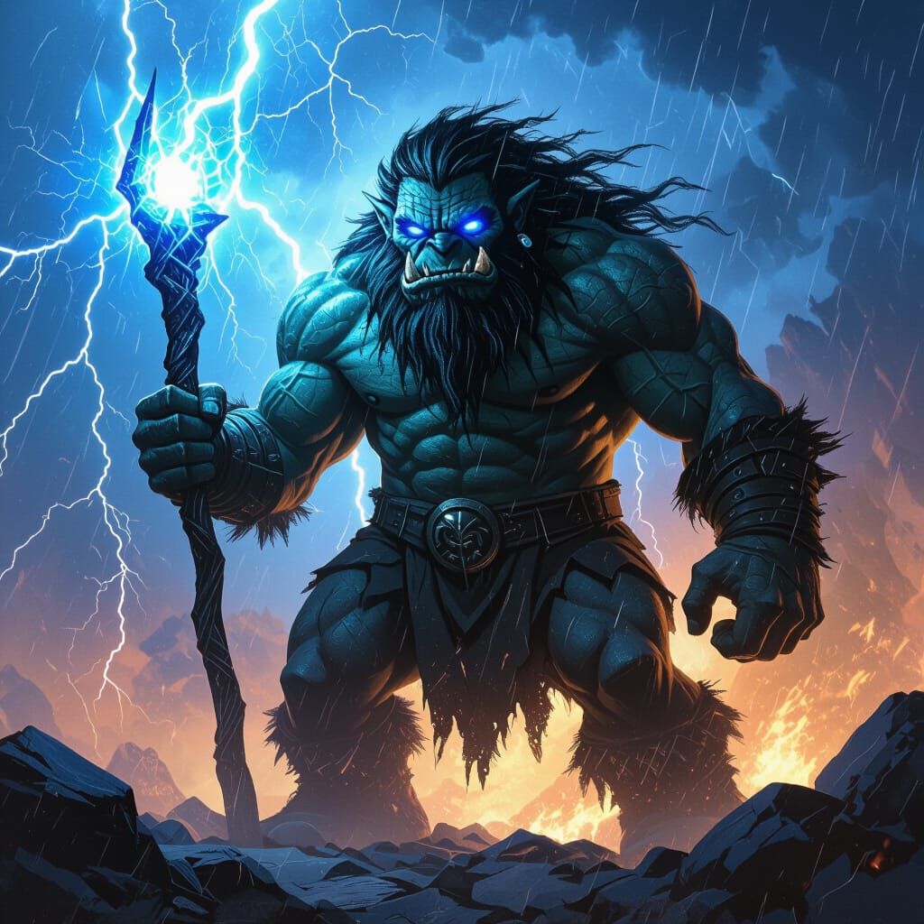 Enormous Mountain Troll in Lightning Storm