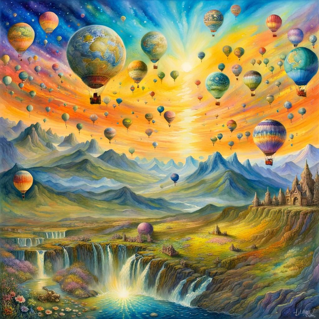 Summer landscape with Hot air ballons and waterfalls..