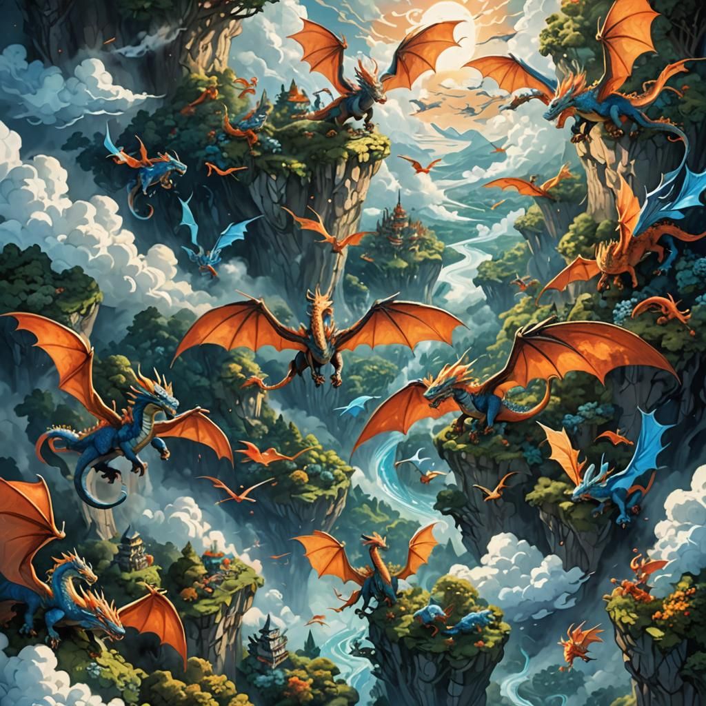 Dragons Soaring Over Forest: Fantastical Concept Art