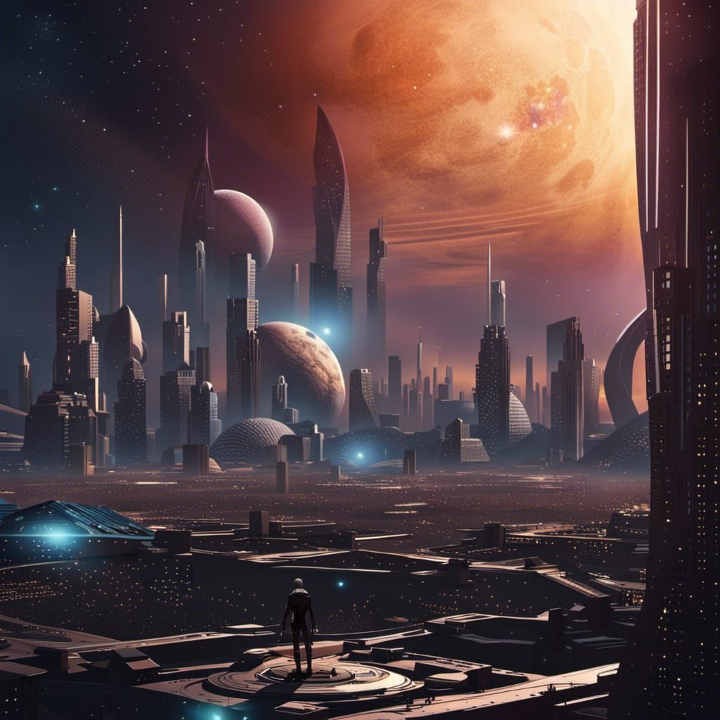 Futuristic Cityscape with Alien Planet, Digital Matte Painti...