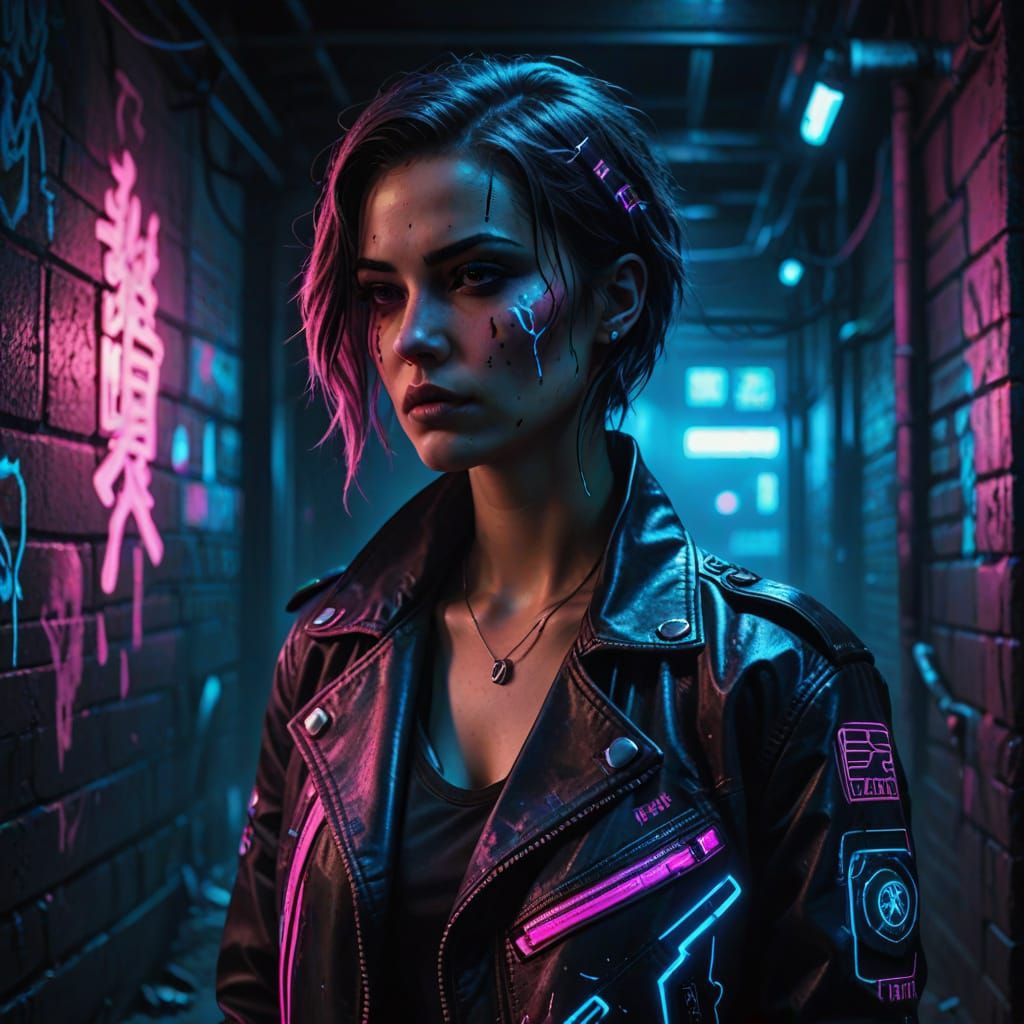 Neon Noir Female in Cyberpunk Style Alley