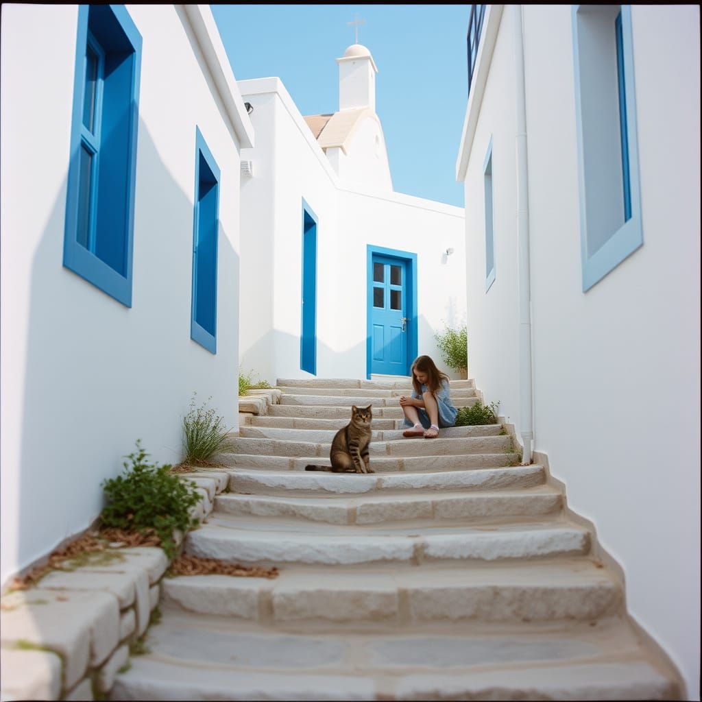Girl and Cat on Greek Island Path in Cinematic Style