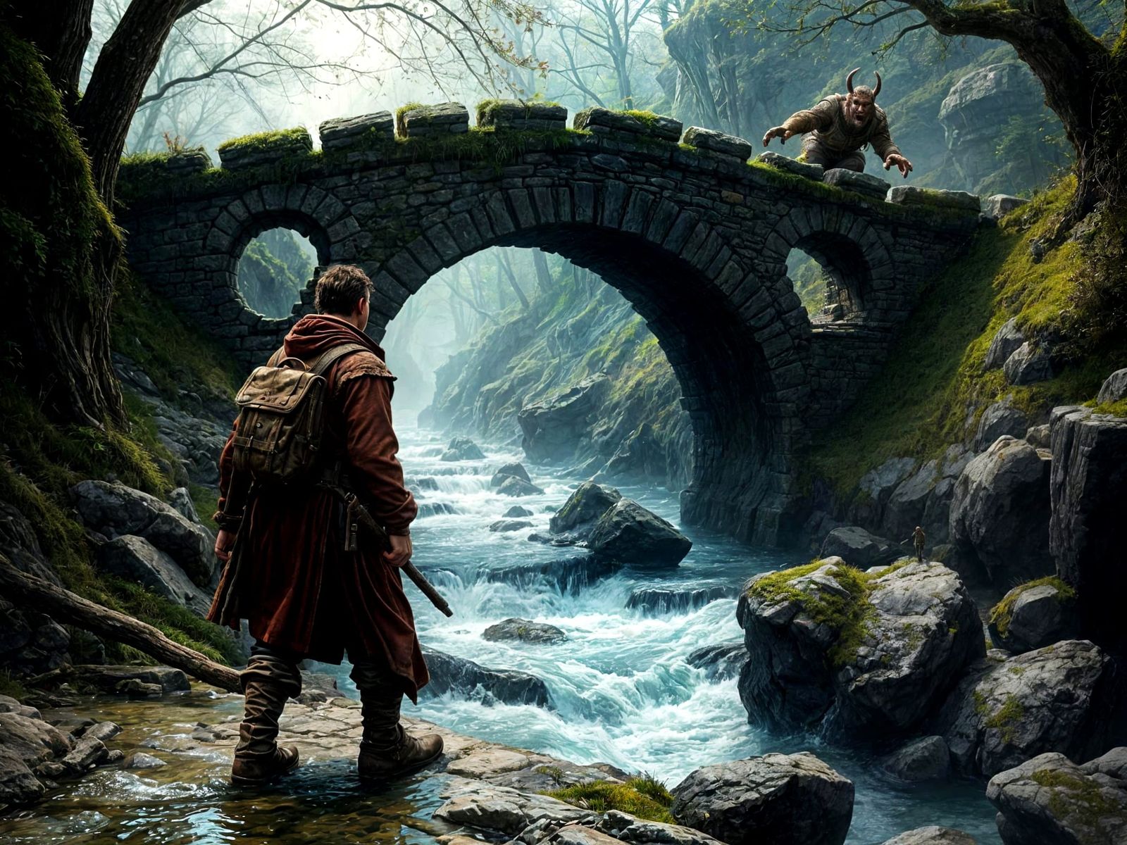 Troll Confrontation on Stone Bridge: Dark Fantasy Art