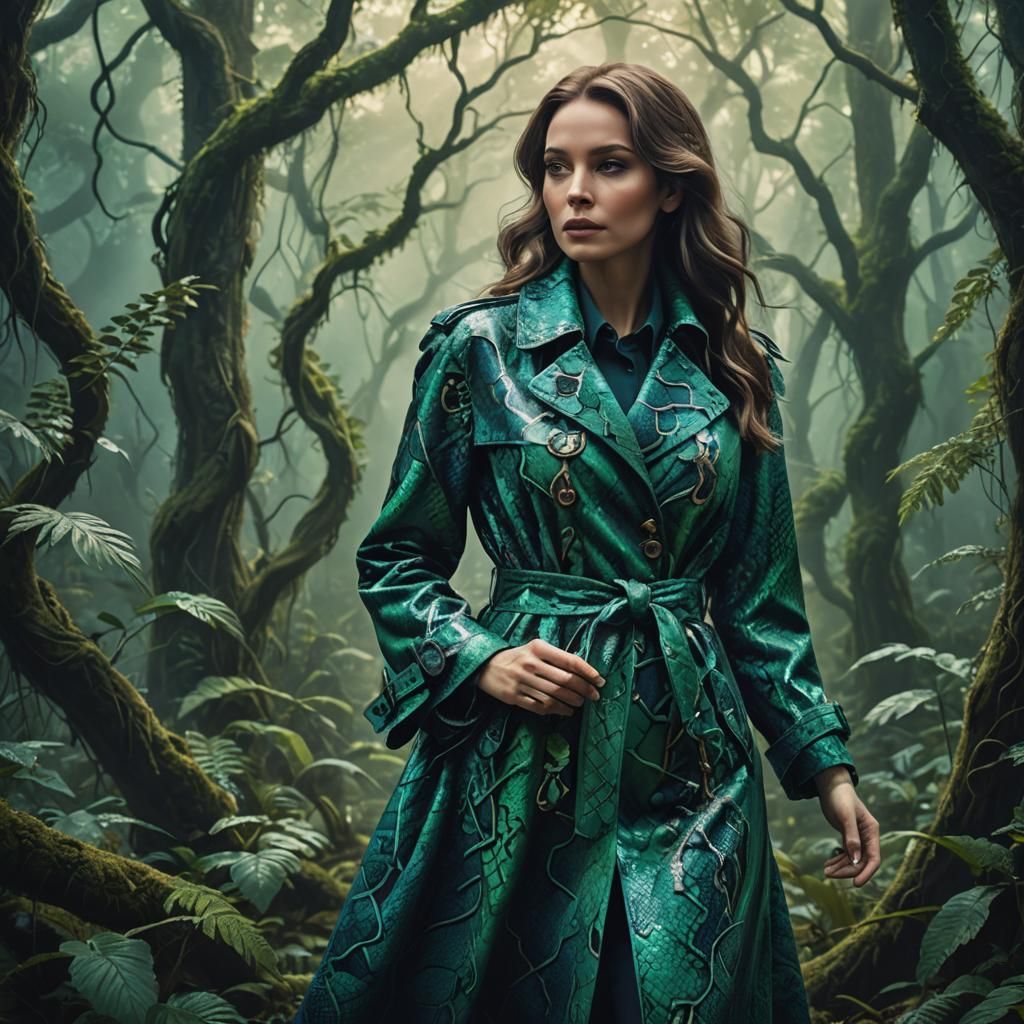 Mystical Forest Woman in Python Trench Coat