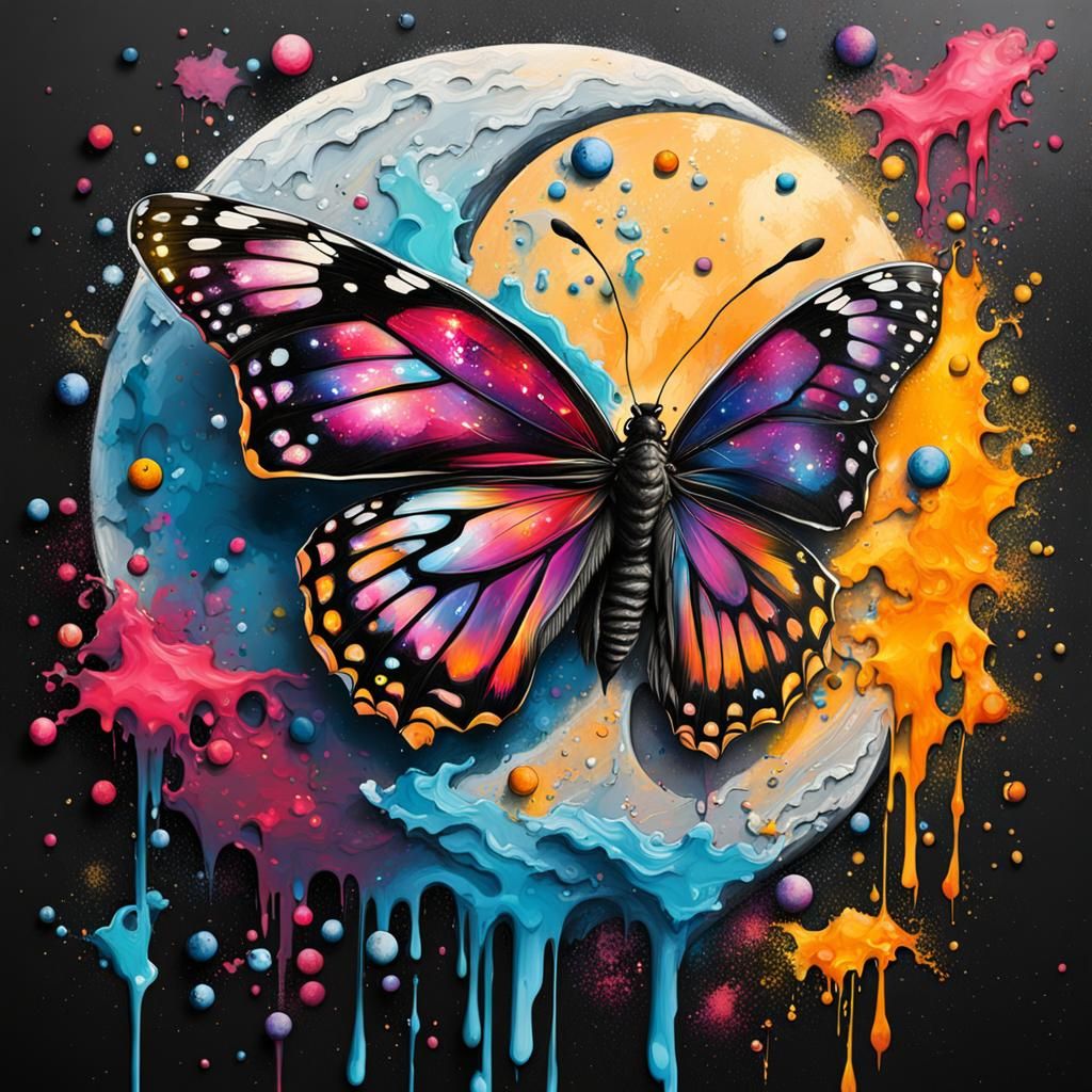 Butterfly on the Moon in Graffiti Art Style