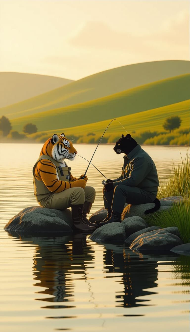 Anthropomorphic Animals Fishing in Lakeside Film Still