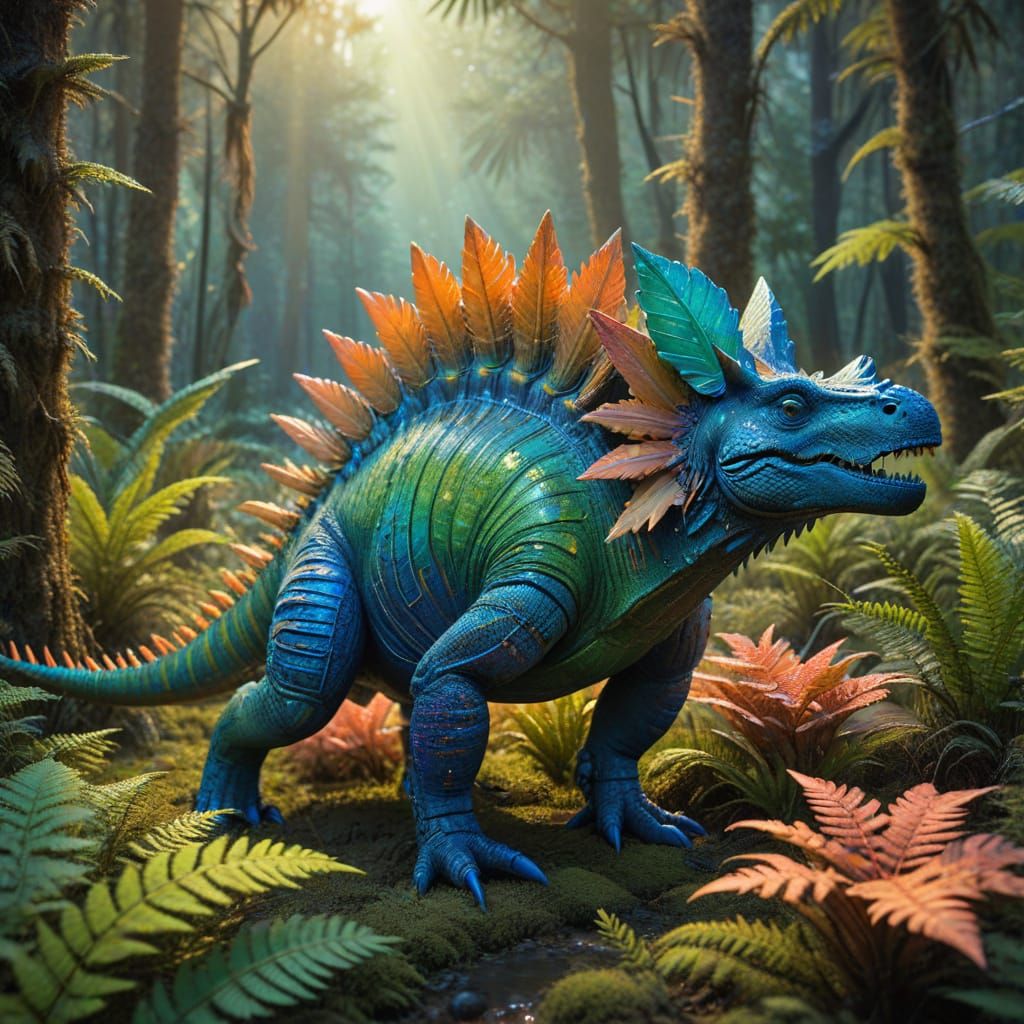 Stegosaurus in Jurassic Swamp with Flying Archaeopteryx