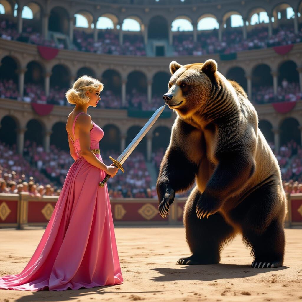Woman Warrior Confronts Bear in Colosseum