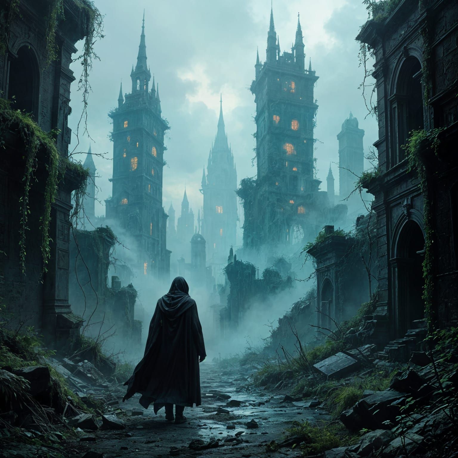 Melancholy Figure in Overgrown Ruined Cityscape