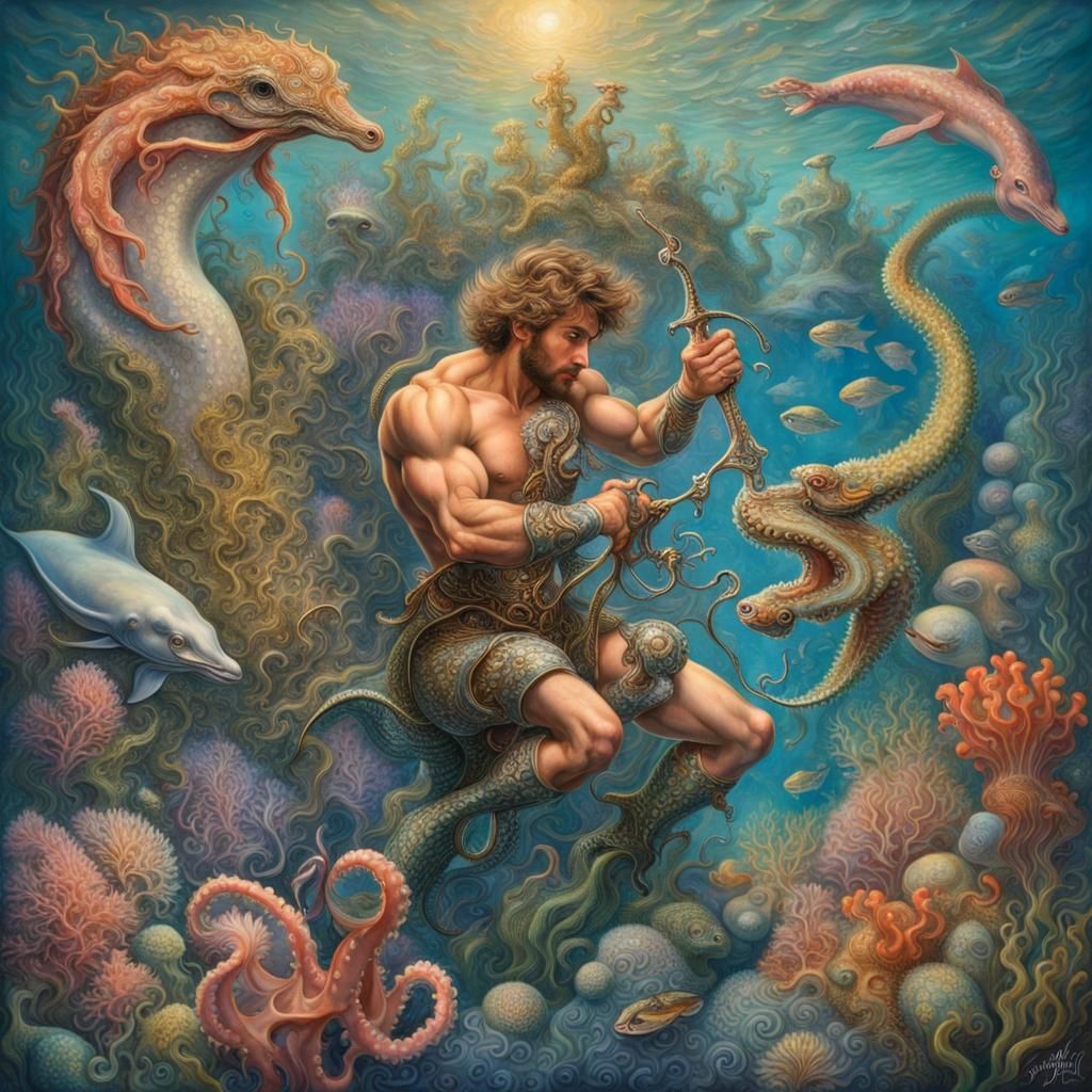 Merman in Underwater Garden, Hyperreal Painting