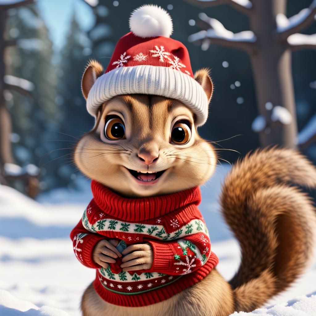 Festive Chipmunk in Winter Wonderland: Pixar Style