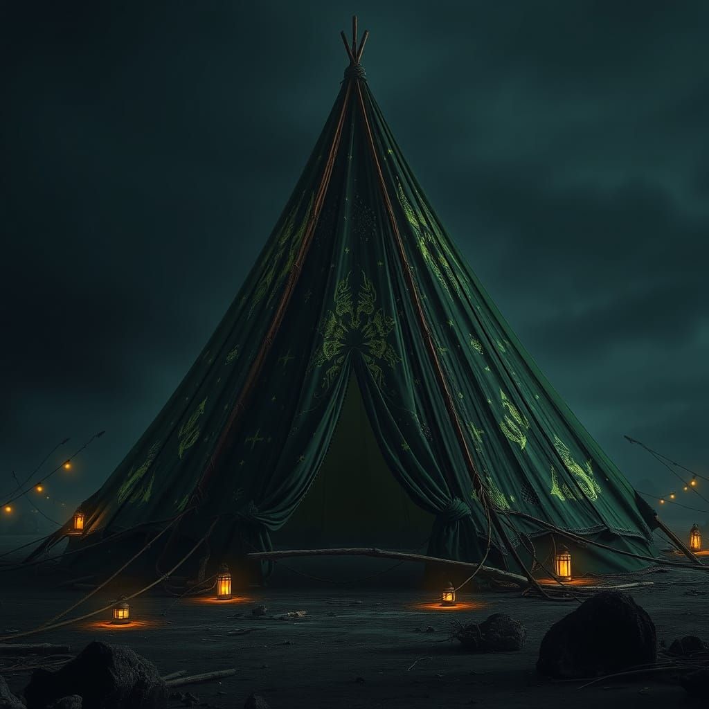 Mystical Tent in Ruined Landscape with Ethereal Runes