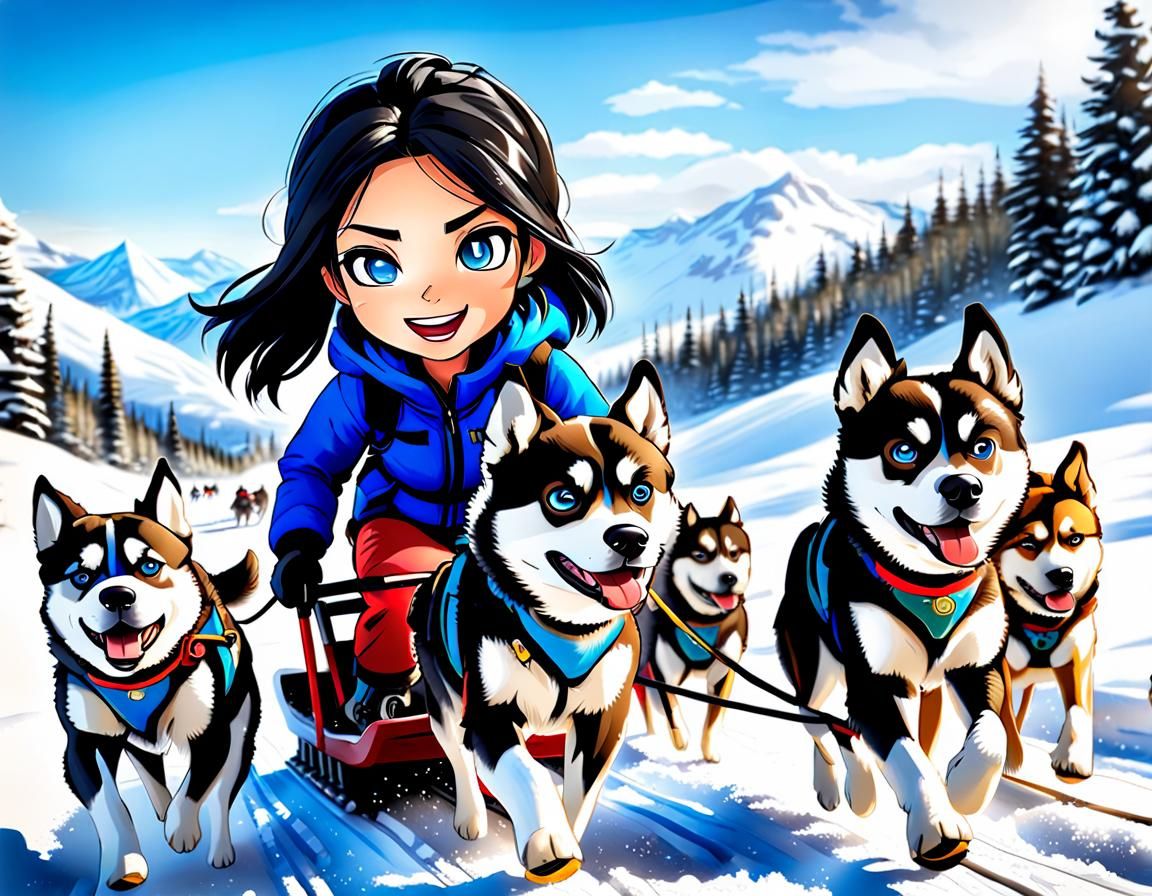 Chibi Girl Leads Dog Sled Team in Snowy Scene