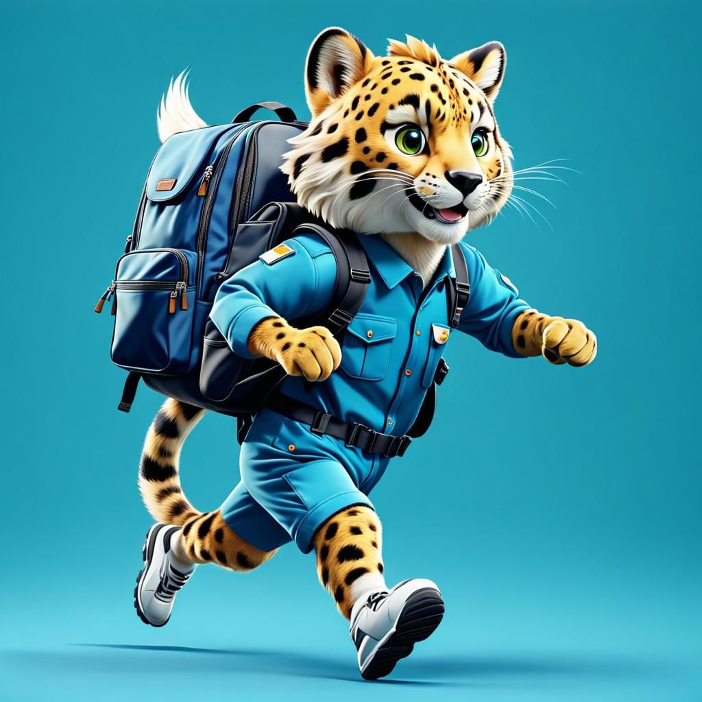 Gepard character working in delivery service, running with a backpack, filmic, detailed, complementary colors