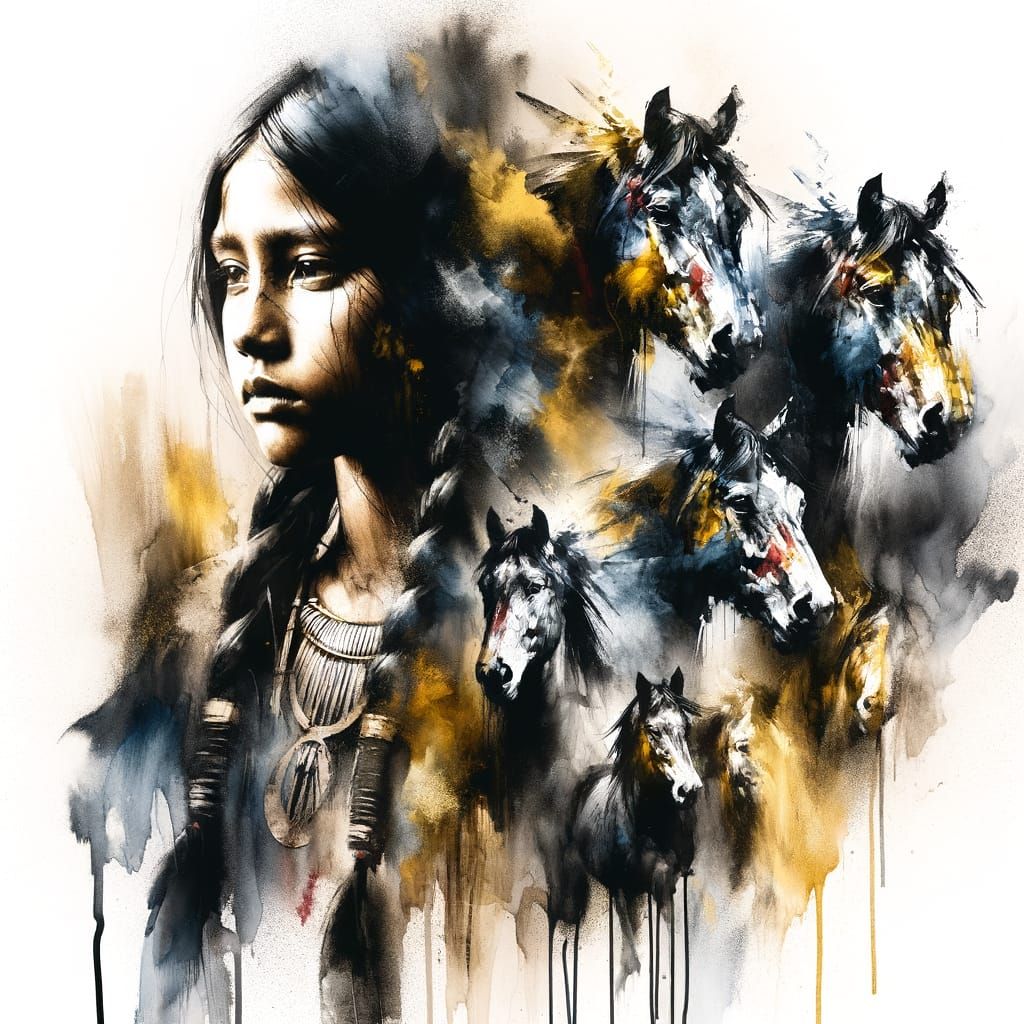 Sioux Girl and Horses Double Exposure in Watercolor