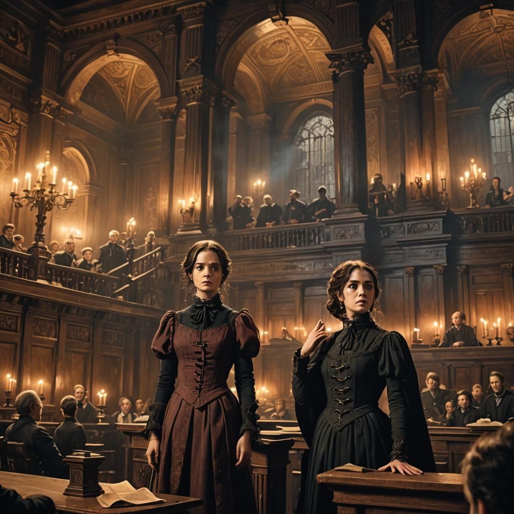 Maya Fey in Eerie Victorian Courtroom, Digital Painting